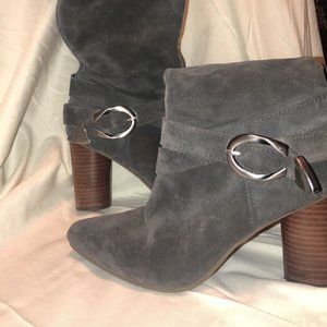 gray heel boots with buckle